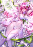  1girl absurdres alternate_hair_color arms_up bangs been blush bra breasts butterfly_wings choker cleavage elesis_(elsword) elsword embarrassed eyebrows_visible_through_hair fairy flower green_ribbon hair_between_eyes hair_flower hair_ornament highres large_breasts long_hair looking_at_viewer open_mouth panties pink_eyes pink_hair restrained ribbon shiny shiny_hair shiny_skin showgirl_skirt solo sparkle strapless strapless_bra sweatdrop thighhighs transparent_wings twintails underwear underwear_only very_long_hair white_bra white_flower white_legwear white_panties white_wings wings 