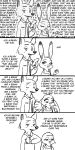  1:2 2016 anthro black_and_white bodily_fluids canid canine cellphone clothed clothing comic dialogue disney duo english_text eyes_closed fox fur hi_res holding_cellphone holding_object holding_phone judy_hopps lagomorph leporid mammal monochrome necktie nick_wilde phone rabbit red_fox replytoanons shirt sweat sweatdrop text topwear zootopia 