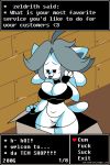  2:3 anthro bodily_fluids breasts clothed clothing dialogue dongitos english_text female genital_fluids genitals hair hi_res mammal profanity smile solo tem temmie_(undertale) text thick_thighs undertale video_games white_body wide_hips 