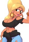  2020 anthro black_eyes black_nose blonde_hair bottomwear breasts canid cleavage clothed clothing disney ear_piercing ear_ring female goof_troop hair hi_res jeans lipstick lisa_(goof_troop) long_hair makeup mammal midriff navel nitro pants piercing pink_lipstick shirt simple_background smile solo tank_top topwear torn_bottomwear torn_clothing torn_jeans torn_pants white_background 