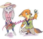  2020 anthro bottomwear canid canine carrot clothed clothing disney duo food fox fully_clothed fur gloves grey_body grey_fur handwear holding_object judy_hopps lagomorph leporid low_res mammal mochigolo618 necktie nick_wilde orange_body orange_fur pants plant rabbit red_fox shirt simple_background smile topwear vegetable white_background zootopia 