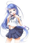  1girl absurdres ahoge bangs blue_eyes blue_hair blue_sailor_collar blue_skirt commentary_request contrapposto cosplay fubuki_(kantai_collection) fubuki_(kantai_collection)_(cosplay) gradient_hair highres kantai_collection long_hair looking_at_viewer multicolored_hair open_mouth pleated_skirt round_teeth sailor_collar samidare_(kantai_collection) school_uniform serafuku simple_background skirt smile solo swept_bangs taisinkoku teeth upper_teeth very_long_hair white_background 
