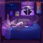  1:1 2020 anthro anthro_on_anthro beastars bed bedroom boxers_(clothing) canid canine canis clothing cloud detailed_background duo eye_contact fur furniture grey_body grey_fur haru_(beastars) hi_res inside lagomorph legoshi_(beastars) leporid light lighting looking_at_another lying mammal moon night on_back on_bed poster quiznakitzjazzy rabbit sky smile underwear white_body white_fur wolf 