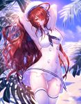 1girl armpits arms_behind_head arms_up ass_visible_through_thighs beach been blue_neckwear blue_sky breasts brown_eyes brown_hair day dress elesis_(elsword) elsword floating_hair grin hair_over_one_eye hat head_tilt large_breasts long_hair looking_at_viewer neckerchief outdoors panties sailor_collar sailor_dress see-through shiny shiny_hair shiny_legwear short_dress sky sleeveless sleeveless_dress smile solo standing thigh_gap thighhighs underwear very_long_hair white_dress white_headwear white_legwear white_panties white_sailor_collar 