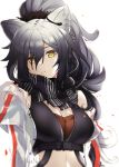  1girl animal_ear_fluff animal_ears arknights bangs bare_shoulders black_scarf breasts cat_ears cleavage commentary crop_top english_commentary eyebrows_visible_through_hair hair_over_one_eye highres jacket long_hair looking_at_viewer medium_breasts midriff off_shoulder open_clothes open_jacket parted_lips scarf schwarz_(arknights) silver_hair simple_background solo sonyaneko upper_body white_background white_jacket yellow_eyes 