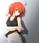  1girl absurdres ahoge bangs black_shirt brown_eyes collarbone eyebrows_visible_through_hair fate/grand_order fate_(series) fujimaru_ritsuka_(female) gradient gradient_background grey_background hair_between_eyes head_tilt highres lifted_by_self looking_at_viewer midriff navel orange_hair parted_lips shadow shi_ma86 shiny shiny_hair shirt shirt_lift short_hair shorts sleeveless sleeveless_shirt solo standing stomach white_background white_shorts 