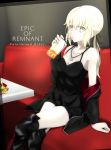  1girl absurdres artoria_pendragon_(all) bangs black_footwear black_jacket black_ribbon black_shirt black_shorts boots breasts can cleavage clothes_down collarbone copyright_name drinking drinking_straw eyebrows_visible_through_hair fate/grand_order fate/stay_night fate_(series) hair_between_eyes hair_ribbon highres holding holding_can indoors jacket jet_black_king_of_knights_ver._shinjuku_1999 jewelry long_hair long_sleeves medium_breasts necklace open_clothes open_jacket ponytail ribbon saber_alter shi_ma86 shirt short_shorts shorts silver_hair sitting sleeveless sleeveless_shirt solo spaghetti_strap thigh_boots thighhighs yellow_eyes 