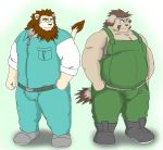  2011 anthro bottomwear brown_body brown_fur canid canine canis clothing domestic_dog duo felid fur kemono lion male mammal overalls overweight overweight_male pantherine pants shirt solatorobo topwear video_games yanaka 