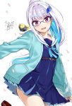  1girl :d animal bangs bespectacled bird blue_cardigan blue_hair blue_neckwear blue_ribbon blue_serafuku blue_shirt blue_skirt blush cardigan collared_shirt commentary_request cropped_legs dated duck eyebrows_visible_through_hair formal glasses grey_jacket hair_ornament highres jacket leg_up lize_helesta long_hair long_sleeves looking_at_viewer multicolored_hair neck_ribbon necktie nijisanji open_cardigan open_clothes open_mouth petals pleated_skirt ponytail purple_eyes ribbon sailor_collar school_uniform sebastian_piyodore serafuku shirt sidelocks signature simple_background skirt sleeves_past_wrists smile suit tarachine two-tone_hair very_long_hair virtual_youtuber white_background white_hair white_sailor_collar 