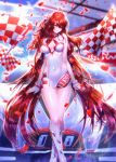  1girl absurdly_long_hair absurdres ahoge bangs been blurry blurry_background boots bracelet breasts character_name checkered checkered_flag cleavage closed_mouth covered_navel criss-cross_halter day dress elesis_(elsword) elsword eyebrows_visible_through_hair flag floating_hair groin hair_between_eyes halterneck head_tilt highres jewelry knee_boots lens_flare long_hair looking_at_viewer medium_breasts nail_polish outdoors print_dress race_queen red_eyes red_hair red_nails revealing_clothes shiny shiny_hair shiny_skin short_dress sleeveless sleeveless_dress smile smug solo standing very_long_hair white_dress white_footwear 