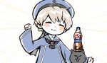  1girl 1other black_neckwear blue_sailor_collar bottle clenched_hand closed_eyes clothes_writing dress emphasis_lines facing_viewer hat kantai_collection karin_bluez3 neckerchief pepsi pepsi_japan_cola_challenge sailor_collar sailor_dress sailor_hat short_hair silver_hair smile soda_bottle unsinkable_sam z1_leberecht_maass_(kantai_collection) 
