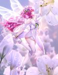  1girl absurdres alternate_hair_color ankle_flower anklet arm_up bangs been blurry blurry_background blurry_foreground butterfly_wings closed_mouth dress elesis_(elsword) elsword eyebrows_visible_through_hair fairy floating_hair flower flying from_side full_body hair_between_eyes hair_flower hair_ornament highres jewelry layered_dress long_hair pink_eyes pink_hair profile shiny shiny_hair short_dress sleeveless sleeveless_dress smile solo sparkle strapless strapless_dress thighhighs transparent_wings very_long_hair white_dress white_flower white_legwear white_wings wings 
