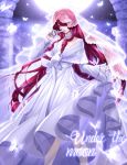  1girl been bow bridal_veil bug butterfly choker collarbone dress drill_hair elesis_(elsword) elsword floating_hair hair_intakes hair_over_one_eye holding insect long_dress long_hair long_sleeves looking_at_viewer moon red_eyes red_hair shiny shiny_hair skirt_hold solo standing title veil very_long_hair white_bow white_dress 