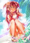  1girl adjusting_hair armband beach between_legs blurry blurry_background blurry_foreground blush cafe-chan_to_break_time cafe_(cafe-chan_to_break_time) camisole cloud cloudy_sky commentary_request earrings eyebrows_visible_through_hair flower hair_between_eyes hair_flower hair_ornament hair_over_shoulder hand_between_legs highres jewelry kneeling long_hair looking_at_viewer necklace open_clothes open_shirt orange_eyes original palm_leaf porurin red_hair sandals skirt sky solo thigh_strap two_side_up wet white_camisole yellow_skirt 