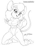  anthro big_breasts bodily_fluids breasts camel_toe chip_&#039;n_dale_rescue_rangers cleavage clothed clothing disney female gadget_hackwrench kneeling mammal monochrome mouse murid murine rodent scificat simple_background solo sweat white_background 
