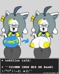  4:5 anthro big_breasts breasts clothed clothing dialogue dongitos female hair mammal nipples open_mouth smile tem temmie_(undertale) text thick_thighs undertale url video_games white_body wide_hips 