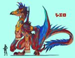  anthro armband beak big_breasts blue_background blue_body blue_feathers breasts broad_shoulders brown_hair claws clothing crouching digitigrade dragon dreadlocks ear_piercing ear_ring facial_piercing feathers female hair hi_res human hutago jewelry larger_anthro larger_female lip_piercing loincloth long_neck mammal markings membrane_(anatomy) membranous_wings muscular muscular_female navel navel_piercing necklace non-mammal_breasts piercing red_body red_scales scales semi-anthro side_boob simple_background size_difference smaller_female smaller_human solo_focus teal_eyes tribal_markings wide_hips wings wyvern 
