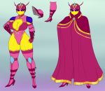  absurd_res anthro arthropod big_breasts breasts cape clothing crovirus crown elbow_pads female fingerless_gloves footwear gloves handwear hi_res high_heels hymenopteran insect knee_pads model_sheet muscular muscular_female non-mammal_breasts purple_eyes queen_sectonia shoes solo wasp wide_hips wrestling_clothing yellow_body 