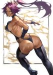  1girl 55level ass bangs bare_shoulders black_footwear black_leotard bleach boots breasts butt_crack closed_mouth dark_skin hand_on_hip highres leotard long_hair looking_at_viewer looking_back medium_breasts muscle muscular_female parted_lips ponytail purple_hair shihouin_yoruichi shiny shiny_hair simple_background skin_tight sleeveless smile solo thigh_boots thighhighs thighs tied_hair vambraces 