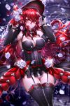  1girl absurdres ass_visible_through_thighs asymmetrical_gloves bangs been black_legwear black_sleeves breasts cleavage closed_mouth detached_sleeves elesis_(elsword) elsword eyebrows_visible_through_hair floating_hair garter_straps gloves hair_between_eyes hat highres large_breasts long_hair long_sleeves looking_at_viewer panties red_eyes red_hair red_headwear shiny shiny_hair showgirl_skirt solo standing sun_hat thigh_gap thighhighs underwear very_long_hair white_panties 