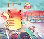  1girl camera car commentary creature english_commentary gen_1_pokemon gigantamax gigantamax_pikachu grass ground_vehicle growlithe mcdonald&#039;s motor_vehicle no_humans paleona pikachu pokemon pokemon_(creature) signature solo_focus walking watermark web_address 