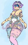  accessory anthro bare_chest blue_eyes breasts bulge clothing cremacat digital_drawing_(artwork) digital_media_(artwork) felid fishnet fishnet_legwear flat_colors flower flower_in_hair fur girly gynomorph hair hair_accessory hi_res intersex jaguar legwear looking_up mammal pantherine plant purple_hair simple_background small_chest solo spots spotted_body spotted_fur standing stockings thigh_highs yellow_body yellow_fur 