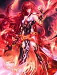  1girl absurdly_long_hair absurdres bangs been black_gloves black_legwear blurry blurry_background breasts choker cleavage closed_mouth collarbone elbow_gloves elsword eyebrows_visible_through_hair eyes_visible_through_hair fire flame floating_hair gloves hair_between_eyes hair_over_one_eye highres holding holding_sword holding_weapon long_hair looking_at_viewer medium_breasts red_eyes red_hair shiny shiny_hair sleeveless smile solo standing sword thighhighs very_long_hair weapon 
