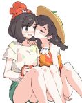  /\/\/\ 2girls ankea_(a-ramo-do) ass bangs beanie black_hair blush braid cheek_kiss closed_eyes cup embarrassed eyebrows_visible_through_hair floral_print green_shorts hand_on_another&#039;s_shoulder hat kiss knees_up legs_together long_hair mizuki_(pokemon) mug multiple_girls nervous open_mouth pokemon pokemon_(game) pokemon_sm pokemon_usum short_hair short_sleeves shorts simple_background sleeveless smile straw_hat sweat sweatdrop thighs twin_braids twintails white_background yuri 
