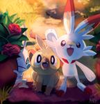  :d aonik bunny commentary creature english_commentary fangs flower gen_8_pokemon grookey happy highres monkey no_humans open_mouth pokemon pokemon_(creature) rose scorbunny signature smile sobble standing starter_pokemon starter_pokemon_trio 