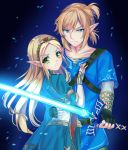  1boy 1girl absurdres bangs black_gloves blonde_hair blue_eyes blue_shirt breasts bridal_gauntlets clenched_teeth closed_mouth elf fingerless_gloves gloves glowing glowing_sword glowing_weapon green_eyes hair_between_eyes hand_on_another&#039;s_waist highres holding holding_sword holding_weapon link long_hair looking_at_viewer master_sword parted_bangs pointy_ears ponytail princess_zelda protecting serious shirt short_hair sword teeth the_legend_of_zelda the_legend_of_zelda:_breath_of_the_wild v-shaped_eyebrows weapon wrist_wrap yaya_chan 