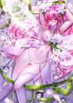  1girl absurdres alternate_hair_color armpits arms_up bangs bar_censor been breasts censored choker elesis_(elsword) elsword eyebrows_visible_through_hair fairy floating_hair flower green_ribbon hair_between_eyes hair_flower hair_intakes hair_ornament highres large_breasts long_hair looking_at_viewer lying navel nipples on_back parted_lips pink_eyes pink_hair restrained ribbon shiny shiny_hair shiny_skin solo sparkle thigh_gap thighhighs transparent_wings twintails very_long_hair white_flower white_legwear white_wings wings 