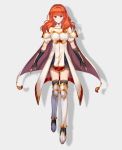  1girl absurdres arcelle armored_boots bare_shoulders black_gloves black_legwear blush boots breastplate breasts celica_(fire_emblem) cleavage dress earrings fingerless_gloves fire_emblem fire_emblem_echoes:_shadows_of_valentia gloves highres jewelry long_hair red_eyes red_hair shadow short_sleeves silver_background simple_background smile solo strapless strapless_dress thighhighs tiara 