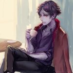  1boy black_hair black_pants black_shirt brown_jacket coffee_mug coffee_talk collarbone crossed_legs cup hashiko_(neleven) holding holding_cup hyde_(coffee_talk) jacket jacket_on_shoulders mug multicolored_hair pants purple_skin red_eyes shirt simple_background sitting solo table unbuttoned unbuttoned_shirt vampire 