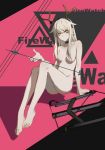  1girl alternate_hairstyle antlers arknights barefoot black_choker black_hairband breasts caution_tape character_name choker collarbone commentary_request firewatch_(arknights) grey_eyes hair_censor hair_down hair_flaps hairband highres keep_out knees_up leris_muma long_hair looking_at_viewer medium_breasts nude red_background sidelocks silver_hair sitting small_breasts solo thighs 