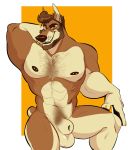  animal_genitalia anthro balls body_hair canid canine canis chest_hair claws dobermann domestic_dog facial_hair fully_sheathed genitals gold_(metal) gold_tooth hi_res igiveyoulemons male mammal muscular muscular_male nipple_piercing nipples pawpads piercing pinscher pubes sheath smile solo teeth 