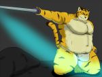  2013 4:3 anthro asian_clothing belly bulge clothing east_asian_clothing felid fundoshi humanoid_hands japanese_clothing kemono male mammal melee_weapon moobs navel overweight overweight_male pantherine solo sword tiger underwear weapon yanaka 