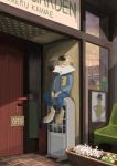  2020 anthro biped bottomwear canid canine canis clothing detailed_background domestic_dog hi_res humanoid_hands kemono male mammal outside panda_po pants shirt sitting solo text topwear 