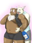  2013 3:4 anthro belly blush bottomwear brown_body brown_fur bulge clothing duo fur hug hugging_from_behind humanoid_hands japanese_text kemono lagomorph leporid male male/male mammal overweight overweight_male rabbit shorts suid suina sus_(pig) text white_body white_fur wild_boar yanaka 