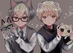  2boys animal_ears bangs blonde_hair blue_neckwear blush cat_boy cat_ears character_doll doubutsu_no_mori glasses green_eyes heterochromia highres humanization jack_(doubutsu_no_mori) jun_(doubutsu_no_mori) long_sleeves looking_at_viewer male_focus medupitta multiple_boys necktie shirt squirrel_ears thick_eyebrows vest white_shirt 