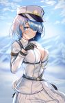  1girl absurdres azur_lane black_gloves blue_eyes blue_hair blue_sky blush breasts chain chapayev_(azur_lane) closed_mouth cloud eyebrows_visible_through_hair gloves hair_ornament hairclip hat highres jacket kulayueyue large_breasts looking_at_viewer military_hat mole mole_on_breast mountain peaked_cap short_hair sky smile snow solo white_headwear white_jacket 