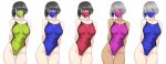  5girls absurdres arms_behind_back artist_name ass_visible_through_thighs bangs black_hair blue_eyes blue_swimsuit breasts collarbone commentary competition_school_swimsuit cowboy_shot eyebrows_visible_through_hair green_eyes green_swimsuit grey_eyes grey_hair hair_between_eyes harukon_(halcon) highres large_breasts looking_at_viewer mask mouth_mask multiple_girls one-piece_tan original parted_bangs purple_eyes purple_swimsuit red_eyes red_swimsuit short_hair silver_hair simple_background skin_tight solo swimsuit tan tanline thigh_gap thighs white_background 
