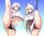  2girls :d arm_behind_back armpit_cutout armpits ass azur_lane bangs bare_legs bare_shoulders black_hairband black_panties blue_background blue_legwear blush bow braid breasts casablanca_(azur_lane) casablanca_(cheer_squad_on_break)_(azur_lane) cheerleader cleavage commentary_request confetti covered_collarbone covered_navel covered_nipples cowboy_shot crop_top crop_top_overhang eagle_union_(emblem) eyebrows_visible_through_hair gradient gradient_background grey_hair groin hair_between_eyes hair_bow hairband highres holding_own_foot kozyosita large_breasts leg_grab leg_lift leg_up leotard leotard_under_clothes long_hair long_sleeves looking_at_viewer midriff miniskirt multiple_girls navel no_bra nose_blush open_mouth panties parted_hair pleated_skirt purple_bow purple_eyes reno_(azur_lane) reno_(biggest_little_cheerleader)_(azur_lane) see-through see-through_skirt sheer_clothes shiny shiny_clothes shiny_skin shirt short_hair sidelocks silver_hair simple_background skirt sleeveless smile standing standing_on_one_leg thighhighs two-tone_skirt underboob underwear white_background white_skirt 