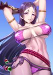  1girl absurdres arm_guards armor arms_behind_head arms_up bangs belt bikini blue_background breasts choker collarbone commentary_request fate/grand_order fate_(series) gradient gradient_background highres large_breasts lips looking_at_viewer minamoto_no_raikou_(fate/grand_order) minamoto_no_raikou_(swimsuit_lancer)_(fate) navel parted_bangs parted_lips purple_bikini purple_eyes purple_hair saruchitan shiny shiny_clothes shiny_hair shiny_skin solo stomach swimsuit thighs 