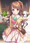  1girl blurry blurry_background blush bow brown_eyes brown_hair cardigan double_scoop eskimofox food hair_bow highres holding holding_food ice_cream ice_cream_cone idolmaster idolmaster_cinderella_girls incoming_food long_hair looking_at_viewer one_side_up pink_skirt school_uniform shimamura_uzuki skirt smile solo 