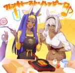  1boy 2girls animal_ears apron archer azusa_(hws) bangs beige_skirt blue_eyes body_markings bread breasts caenis_(fate) collarbone contemporary dark_skin facepaint facial_mark fate/grand_order fate_(series) food hair_intakes hands_on_hips headband highres jackal_ears large_breasts leaning_forward long_hair long_sleeves looking_at_viewer medium_breasts milk_carton multiple_girls nitocris_(fate/grand_order) ok_sign open_mouth out_of_frame purple_eyes purple_hair shirt sidelocks silver_hair skillet smile spatula tattoo translation_request very_long_hair white_shirt yellow_shirt 