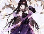  black_hair blush cropped dress elbow_gloves fan gloves long_hair moemoe3345 original polychromatic purple_eyes 