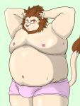  2013 3:4 anthro belly bulge clothing felid kemono lion male mammal moobs navel nipples overweight overweight_male pantherine simple_background solo underwear yanaka 