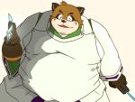  2013 4:3 anthro brown_body brown_fur canid canine clothing fur humanoid_hands kemono male mammal one_eye_closed overweight overweight_male raccoon_dog robe simple_background solo tanuki white_background wink yanaka 