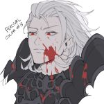  1boy armor blood blood_on_face english_text face flat_color granblue_fantasy hair_slicked_back highres kyou_(ningiou) male_focus medium_hair parted_lips percival_(granblue_fantasy) red_eyes simple_background sketch smile solo white_background white_hair 