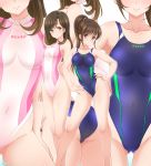  2girls ass ayumu_(ayumumkrg) bikini black_hair breasts brown_eyes collarbone competition_swimsuit contrapposto full_body hands_on_hips hayami_sena highleg highleg_swimsuit long_hair looking_at_viewer mashin_sentai_kiramager medium_breasts multiple_girls multiple_views one-piece_swimsuit ooharu_sayo ponytail small_breasts standing swimsuit turtleneck white_bikini zoom_layer 